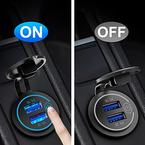 Quick Charge 3.0 Dual USB Charger Socket, Qidoe Waterproof 12V USB Outlet 36W Dual QC3.0 USB Power Socket with Touch Switch DIY Car USB Port for Car Boat Marine RV Motorcycle Bus Truck Golf Cart etc