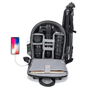 caden camera backpack bag for dslr/slr mirrorless camera waterproof with 14 inch laptop compartment, usb charging port, tripod holder, rain cover, camera case compatible for sony canon nikon black s