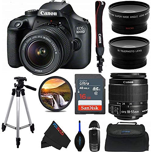 PixiBytes EOS 4000D DSLR Camera with 18-55mm f/3.5-5.6 III Lens with 50-Inch Tripod and Pixi Advanced Bundle (International Version) (Renewed)