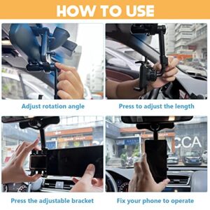 Car Rearview Mirror Phone Holder, Multifunctional Rearview Mirror Phone Holder for Car Upgraded 360° Rotatable and Retractable Car Phone Holder Mount Adjustable Car Rear View Mirror Cell Phone Holder