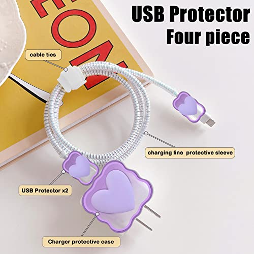 Cute Cable Protector for iPhone Charger with Lovely Design 3D Love Heart Data Cable Bite USB Charger Data Line Phone Wire Saver Protector Fit for iPhone 11 12 13 14 Pro Max Charger Protector-Purple