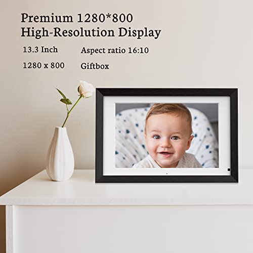 BSIMB 32GB 13.3 Inch Wood-Effect WiFi Digital Photo Frame HD IPS Touch Screen Smart Large Picture Frame with Remote Control, Auto-Rotate, Wall Mountable, Easy to Share Photos & Videos via App & Email