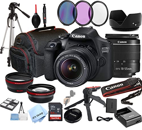 Canon EOS 2000D (Rebel T7) DSLR Camera w/EF-S 18-55mm F/3.5-5.6 Zoom Lens + 64GB Memory + Case + Tripod + Filters (28pc Bundle) (Renewed)