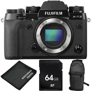 fujifilm x-t2 mirrorless digital camera (body only) 6pc bundle. includes 64gb sd memory card + sling backpack + microfiber cleaning cloth
