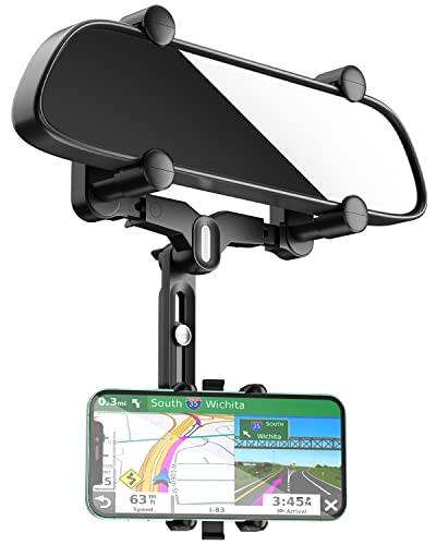 Phone Mount for Car, Large Rear Mirrors Friendly, Rear View Mirror Phone Holder, Upgraded 4 Clip More Stable, 360° Rotatable and Retractable Car Phone Holder Fit All Mobiles & Fits Bigger Vehicle.