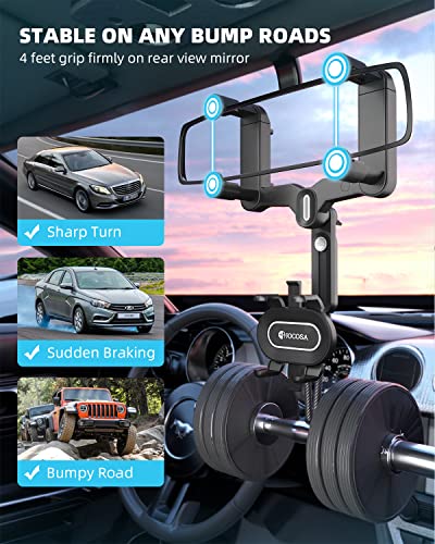 Phone Mount for Car, Large Rear Mirrors Friendly, Rear View Mirror Phone Holder, Upgraded 4 Clip More Stable, 360° Rotatable and Retractable Car Phone Holder Fit All Mobiles & Fits Bigger Vehicle.