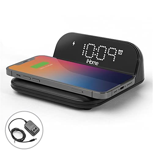 iHome Alarm Clock with Wireless Charging, iPhone Charger and Samsung Charger with USB Charger for Apple and Android Devices