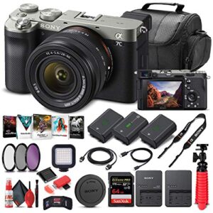 sony alpha a7c mirrorless digital camera with 28-60mm lens (silver) ilce7cl/s + 64gb memory card + 2 x np-fz-100 battery + corel photo software + case + external charger + card reader + more (renewed)