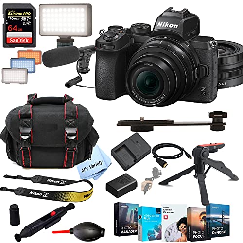 Nikon Z50 Mirrorless Digital Camera 20.9MP W/Nikkor Z 16-50mm Lens + Shot-Gun Microphone + LED Always on Light+ 64GB Extreme Speed Card, Gripod, Case, and More (26pc Video Bundle)