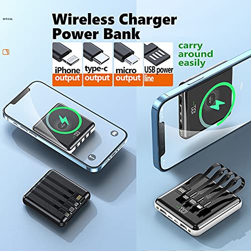 KOMPSEN 10000mAh Wireless Power Bank with Built in 4 Cables,Portable Slim Quick Charging Power Bank,Travel External Backup Battery Compatible with Almost Mobile Phone Electronic Devices Black
