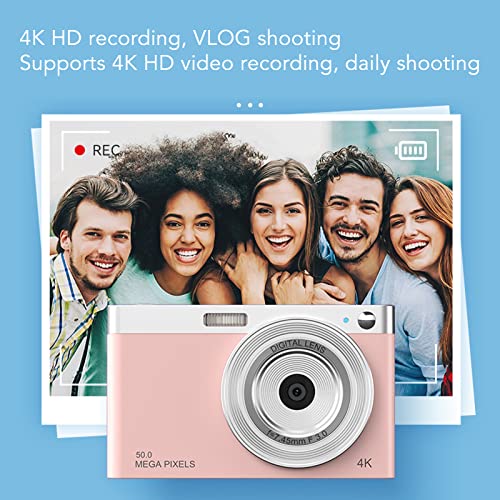 4K Digital Camera, 16X Zoom 50MP AF Autofocus Vlogging Camera, 2.88in IPS HD Mirrorless Camera with Battery, LED Fill Light Portable Mini Compact Camera for Macro Shooting, Teens, Students(Pink)