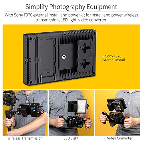 FEELWORLD F7 PRO 7 Inch Touch Screen DSLR Camera Field Monitor with 3D Lut HDR Waveform F970 External Power Install Kit 1920x1200 4K 60Hz HDMI Input Output 8.4V DC Output 5V Type-c Input Mini Hot Shoe