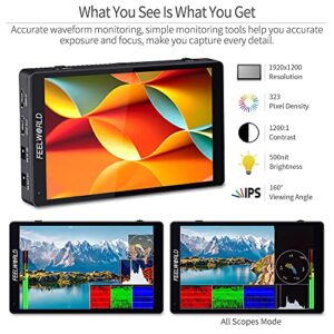 FEELWORLD F7 PRO 7 Inch Touch Screen DSLR Camera Field Monitor with 3D Lut HDR Waveform F970 External Power Install Kit 1920x1200 4K 60Hz HDMI Input Output 8.4V DC Output 5V Type-c Input Mini Hot Shoe