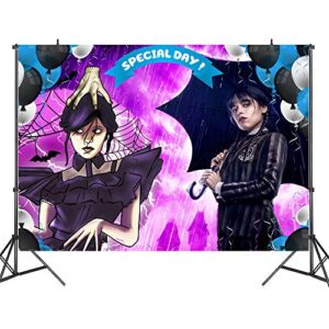 85×60 inches wednesday addams backdrop birthday banner decorations 7×5 ft family cartoon happy birthday party supplies, special day photo background for multi occasions