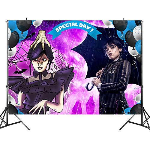 85x60 inches Wednesday Addams Backdrop Birthday Banner Decorations 7x5 ft Family Cartoon Happy Birthday Party Supplies, Special Day Photo Background for Multi Occasions