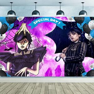 85x60 inches Wednesday Addams Backdrop Birthday Banner Decorations 7x5 ft Family Cartoon Happy Birthday Party Supplies, Special Day Photo Background for Multi Occasions