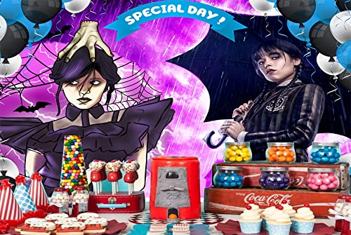 85x60 inches Wednesday Addams Backdrop Birthday Banner Decorations 7x5 ft Family Cartoon Happy Birthday Party Supplies, Special Day Photo Background for Multi Occasions