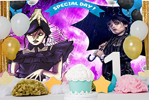 85x60 inches Wednesday Addams Backdrop Birthday Banner Decorations 7x5 ft Family Cartoon Happy Birthday Party Supplies, Special Day Photo Background for Multi Occasions