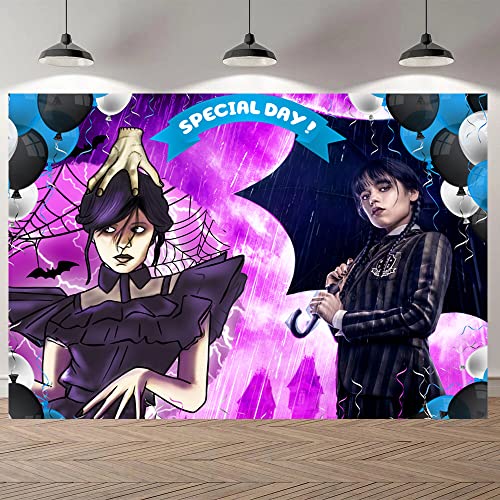 85x60 inches Wednesday Addams Backdrop Birthday Banner Decorations 7x5 ft Family Cartoon Happy Birthday Party Supplies, Special Day Photo Background for Multi Occasions