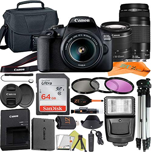 Canon EOS 2000D / Rebel T7 Digital SLR Camera 24.1MP with EF-S 18-55mm & 75-300mm Lens + ZeeTech Accessory Bundle, SanDisk 64GB Memory Card, Wire Remote Control, Case and Flash (Renewed)