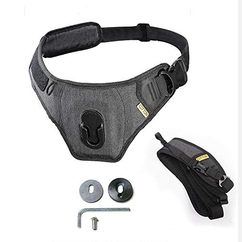 Cotton Carrier Slingbelt with Tether for One Camera. Camera Harness for Hiking and Traveling for Hands-Free Carrying