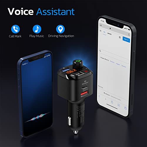 Nulaxy Bluetooth 5.0 FM Transmitter for Car, QC3.0 & USB-C PD 18W Wireless Bluetooth Radio Adapter Music Player/Car Kit with Bass Booster, Hands-Free Calls-NX12