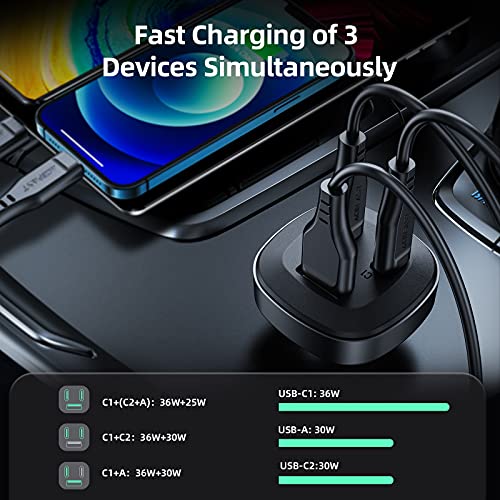 ACEFAST 66W USB C Car Charger Adapter,3 Ports Mini and Nickel Alloy Body,Safe and Low Temperature Fast Charging for iPhone 14 13 12,iPad Pro,PPS,Samsung Galaxy S