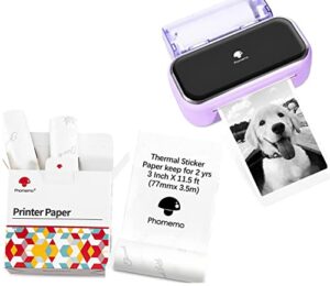 phomemo m03 pocket printer- portable printer photo printer with 3 roll 3 inch black on white, 77mm x 3.5m, 3 inch x 11.5 ft, compatible with ios + android for photos, journalist, work, plan-(purple)