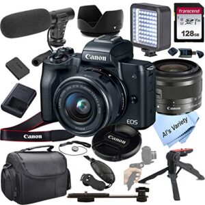 canon eos m50 mirrorless digital camera video kit with 15-45mm zoom lens + shot-gun microphone 6 + led always on light+ 128gb card, gripod, case, and more (18pc video bundle)