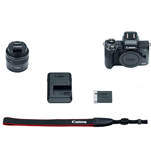 Canon EOS M50 Mirrorless Digital Camera Video Kit with 15-45mm Zoom Lens + Shot-Gun Microphone 6 + LED Always on Light+ 128GB Card, Gripod, Case, and More (18pc Video Bundle)