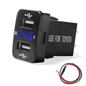 mictuning 2.1a dual usb charger power socket with digital voltmeter blue led light for smartphone iphone ipad pda laptop gps replacement for toyota