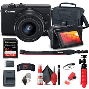 canon eos m200 mirrorless digital camera with 15-45mm lens (black) (3699c009) + 64gb memory card + case + card reader + flex tripod + hand strap + cap keeper + memory wallet + cleaning kit (renewed)
