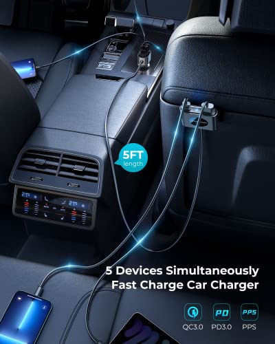 USB C Car Charger, 78W JOYROOM Fast Car Charger 5 Multi Port Cigarette Lighter USB Adapter, PD3.0&PPS Double Type C Adapter, QC3.0 Car Cell Phone Charger Fast Charge for iPhone 14/13 Samsung Android