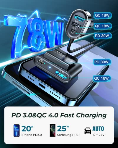 USB C Car Charger, 78W JOYROOM Fast Car Charger 5 Multi Port Cigarette Lighter USB Adapter, PD3.0&PPS Double Type C Adapter, QC3.0 Car Cell Phone Charger Fast Charge for iPhone 14/13 Samsung Android