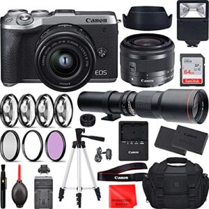 m6 mark ii mirrorless digital camera with 15-45mm lens (silver) vlogging bundle, 500mm f/8.0 preset manual focus lens, travel kit with accessories (extra battery, flash, 64gb memory +more)