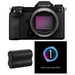 fujifilm gfx 100s camera, black with capture one pro photo editing software, extra battery