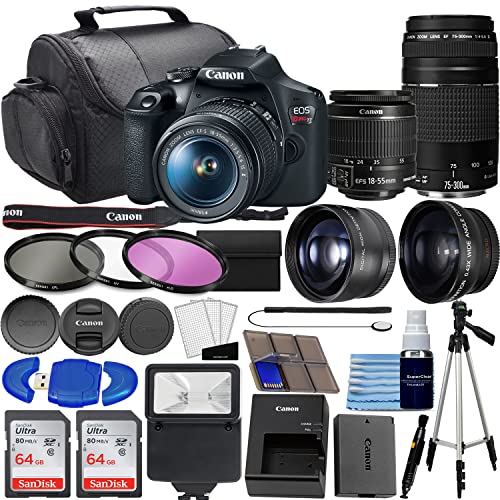 Cannon EOS Rebel T7 DSLR Camera w/ 18-55mm Zoom Lens + 75-300mm Lens Kit | 24.1 Megapixels CMOS | HD Video + Wide Angle Lens + Telephoto Lens, 128GB Memory, 3PC Filter Kit, Tripod + More (35PC Bundle)