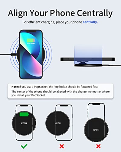 KPON Wireless Phone Charger for Thick Cases Up to 10mm - 15W Max Wireless Charging Pad for iPhone 14/13/12/11/SE/X/8/Wireless Phones - Compatible with Popsocket/Otterbox (Adapter Not Include)
