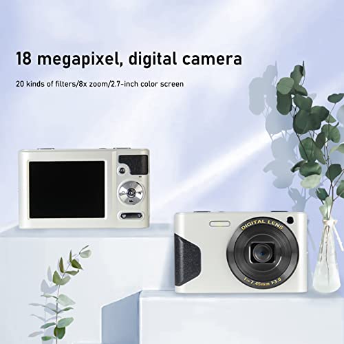 Nsxcdh Digital Camera, 18MP FHD Digital Camera with 8X Digital Zoom and 2.7 Inch LCD Screen, Electronic Anti-Shake, for Teens Students Boys Girls Seniors(White/Black)