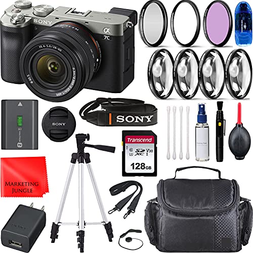 Sony Alpha a7C Mirrorless Digital Camera with 28-60mm Lens (Silver) Bundle, Starter Kit + Accessories (128Gb Memory Card, Cleaning Kit, Gadget Bag)