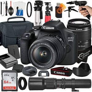 canon eos 2000d / rebel t7 dslr camera with ef-s 18-55mm + 500mm preset manual focus lens + sandisk 64gb card + tripod + case + megaaccessory bundle (23pc bundle) (renewed)