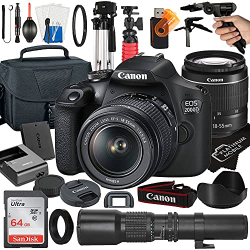 Canon EOS 2000D / Rebel T7 DSLR Camera with EF-S 18-55mm + 500mm Preset Manual Focus Lens + SanDisk 64GB Card + Tripod + Case + MegaAccessory Bundle (23pc Bundle) (Renewed)