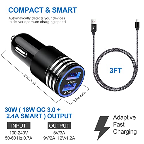 Car Charger Type C Fast Charger for Samsung Galaxy S23/S22/S22 Plus/S22 Ultra/S21 S20 FE Z Flip 4/3 A53 A03S A13 A02S A12 A32 A52 A50 A71 S10 S9 S8,Quick Charge 3.0 Rapid Car Adapter+3ft USB C Cable