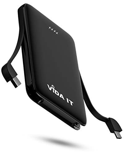 Vida IT Compact Power Bank Portable Charger for Samsung Galaxy S21 S20 S10 S7 Edge Google Pixel 6 6A 5 4 4A Motorola LG Android Cell Phone USB-C External Battery Pack 5000mAh with Built-in Cable