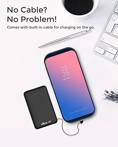 Vida IT Compact Power Bank Portable Charger for Samsung Galaxy S21 S20 S10 S7 Edge Google Pixel 6 6A 5 4 4A Motorola LG Android Cell Phone USB-C External Battery Pack 5000mAh with Built-in Cable