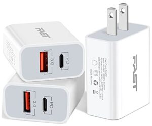 20w usb c fast charger, junvang dual port pd power delivery + quick charger wall charger block plug for iphone 14/14 plus/14 pro max/13/12 pro max/mini/11/xs/xr/x, ipad, airpods, samsung, lg (pack-3)