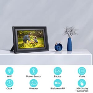 AOCWEI Digital Picture Frame WiFi 10.1 Inch Wood Electronic Photo Frame with 16GB Storage, Motion Sensor, HD IPS Touch Screen, Share Photos or Videos via Free APP/Email, USB Drive & TF Card (Black)