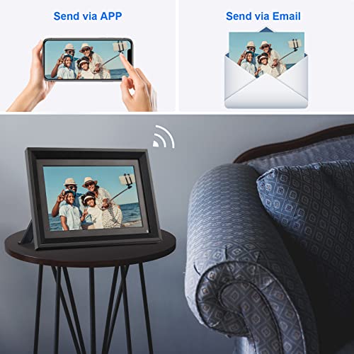 AOCWEI Digital Picture Frame WiFi 10.1 Inch Wood Electronic Photo Frame with 16GB Storage, Motion Sensor, HD IPS Touch Screen, Share Photos or Videos via Free APP/Email, USB Drive & TF Card (Black)