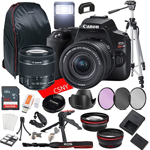 Canon EOS Rebel SL3 DSLR Camera w/EF-S 18-55mm F/4-5.6 Zoom is STM Lens + 64GB Memory + Back Pack Case + Tripod, Lenses, Filters, & More (28pc Bundle)