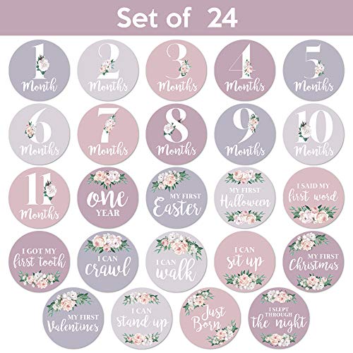 Baby Monthly Stickers | Floral Baby Milestone Stickers | Newborn Girl Stickers | Month Stickers for Baby Girl | Baby Girl Stickers | Newborn Monthly Milestone Stickers (Set of 24)